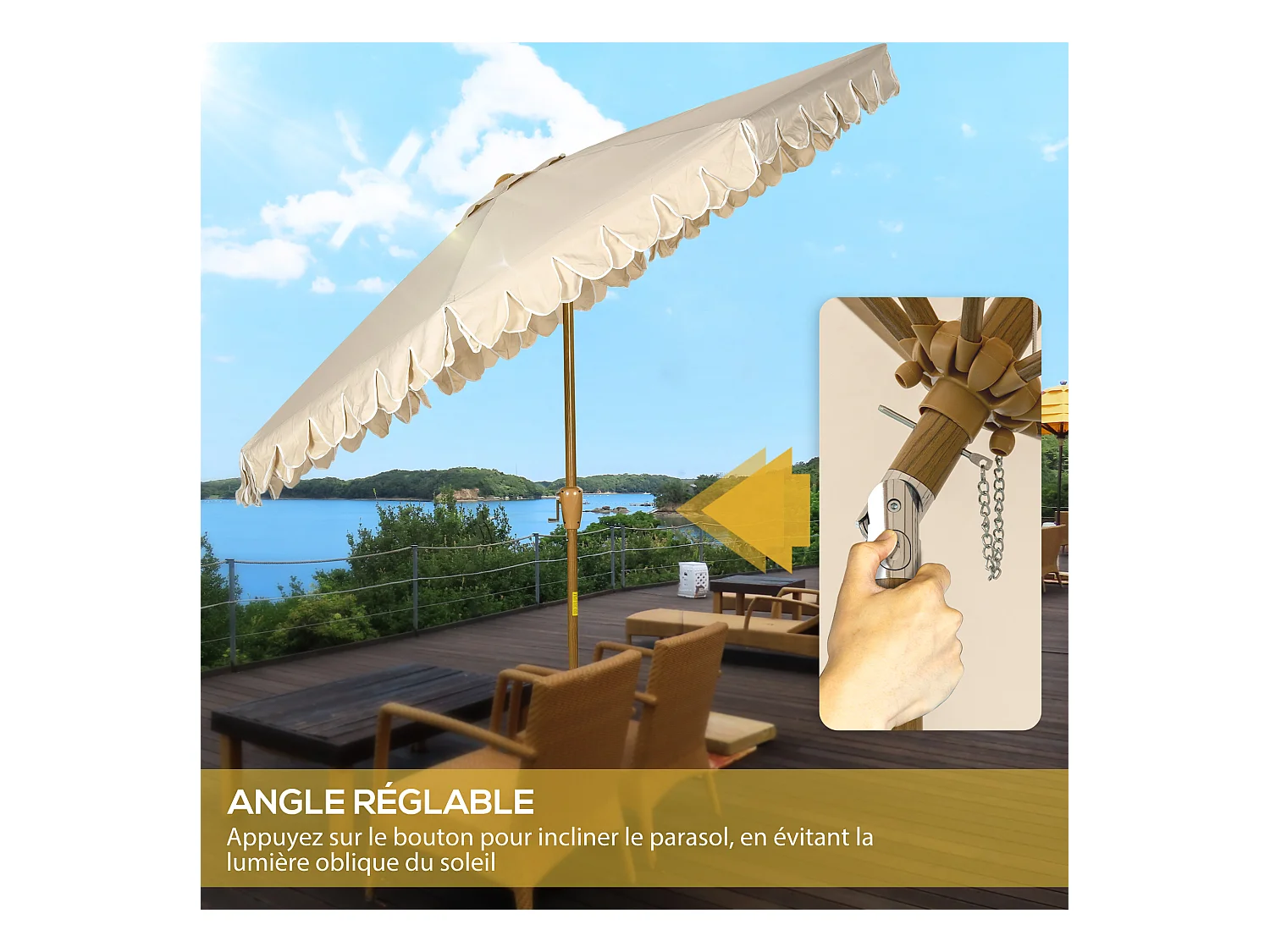 Parasol octogonal inclinable Ø 2,65 x 2,35H m mât acier aspect bois polyester haute densité 180 g/m² beige