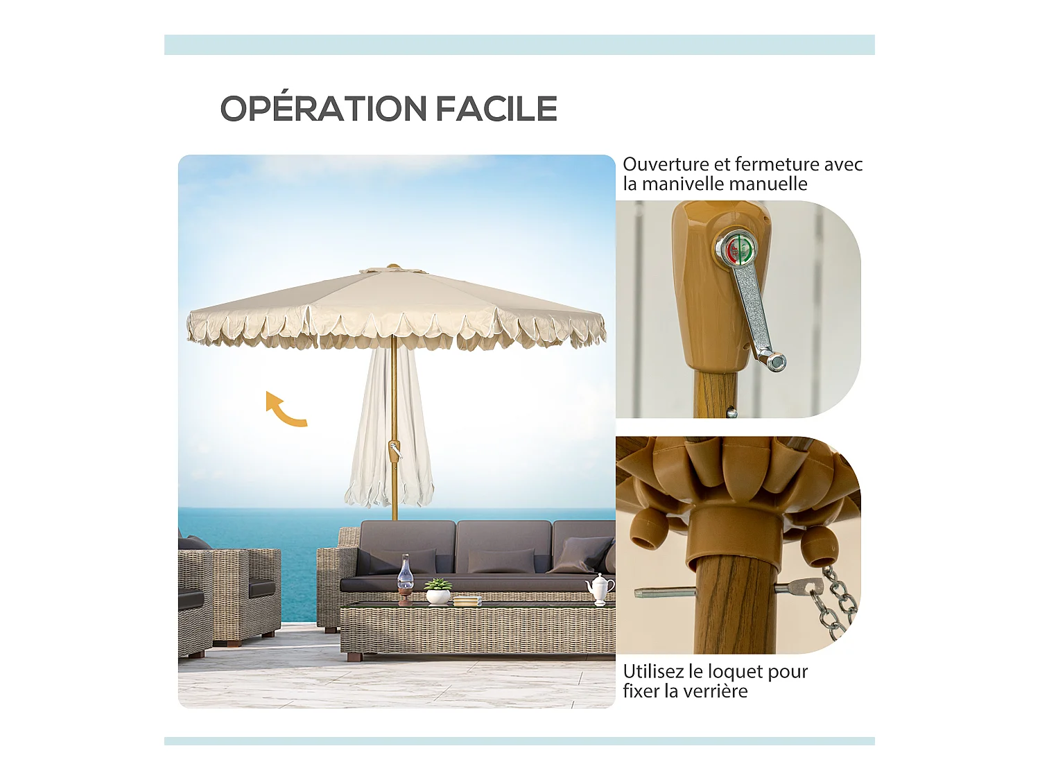 Parasol octogonal inclinable Ø 2,65 x 2,35H m mât acier aspect bois polyester haute densité 180 g/m² beige