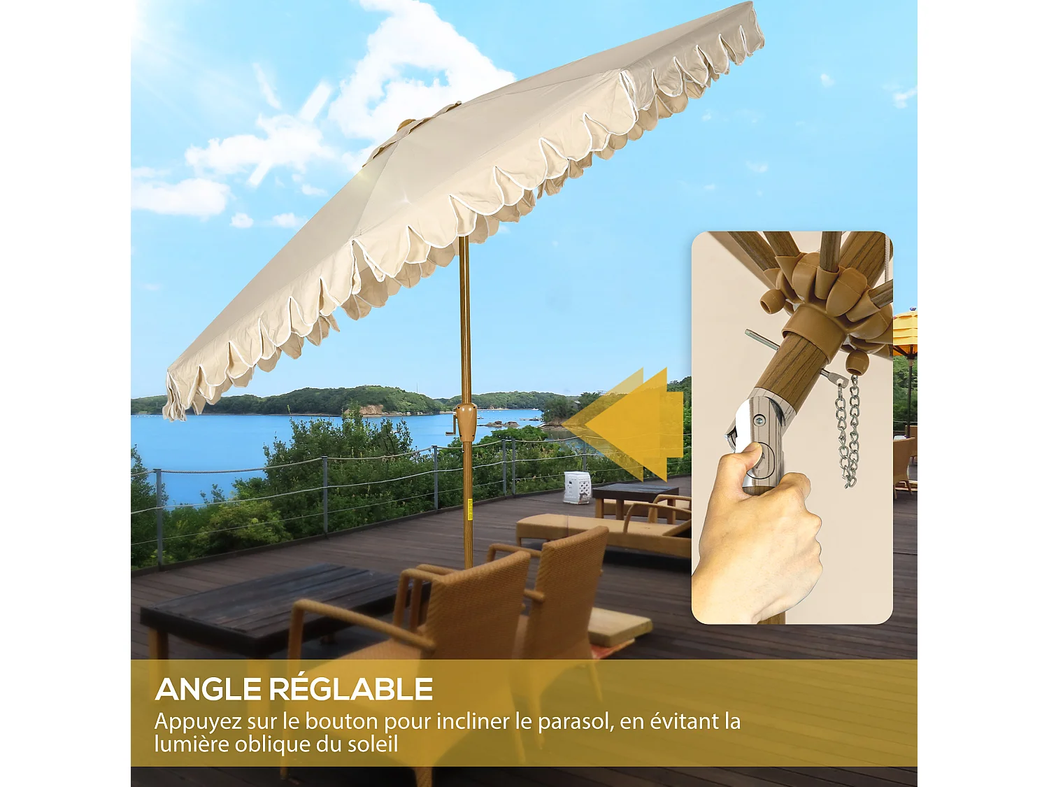 Parasol octogonal inclinable Ø 2,65 x 2,35H m mât acier aspect bois polyester haute densité 180 g/m² beige