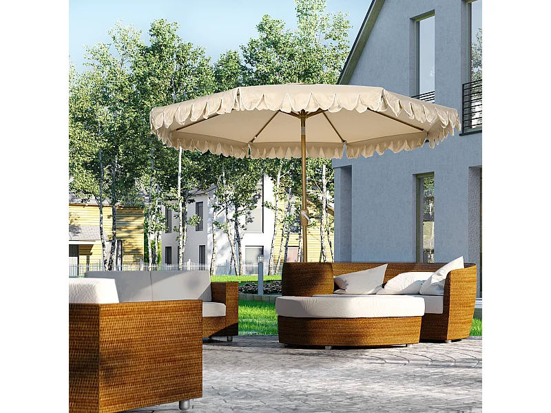 Parasol octogonal inclinable Ø 2,65 x 2,35H m mât acier aspect bois polyester haute densité 180 g/m² beige