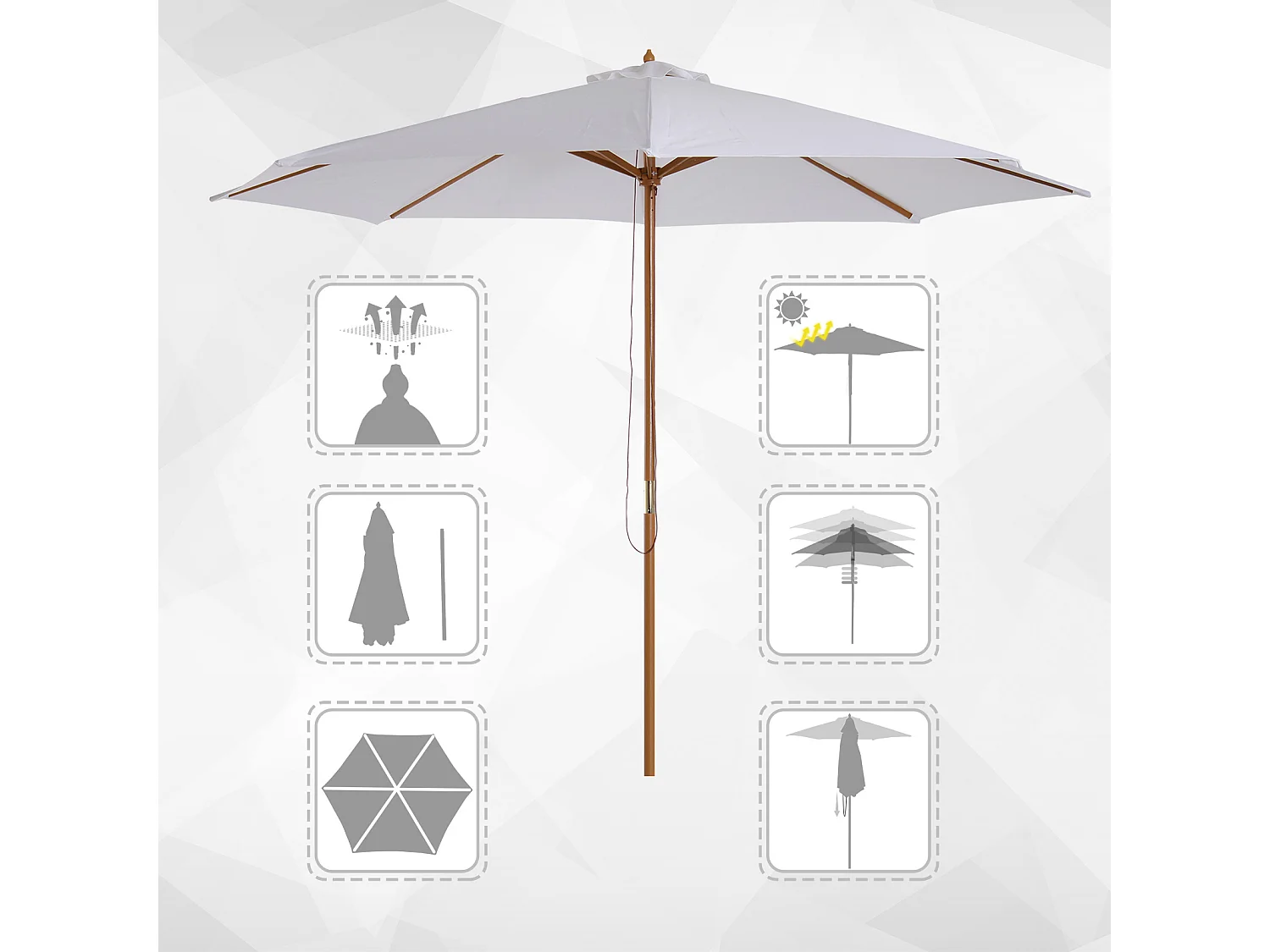 Parasol droit en bois polyester haute densité protection solaire Ø 3 x 2,5 m crème