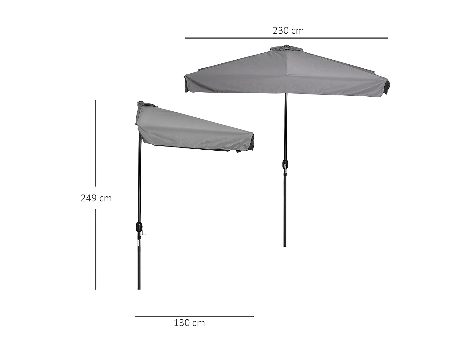 Demi parasol - parasol de balcon 5 entretoises métal dim. 2,3L x 1,3l x 2,49H m polyester haute densité gris