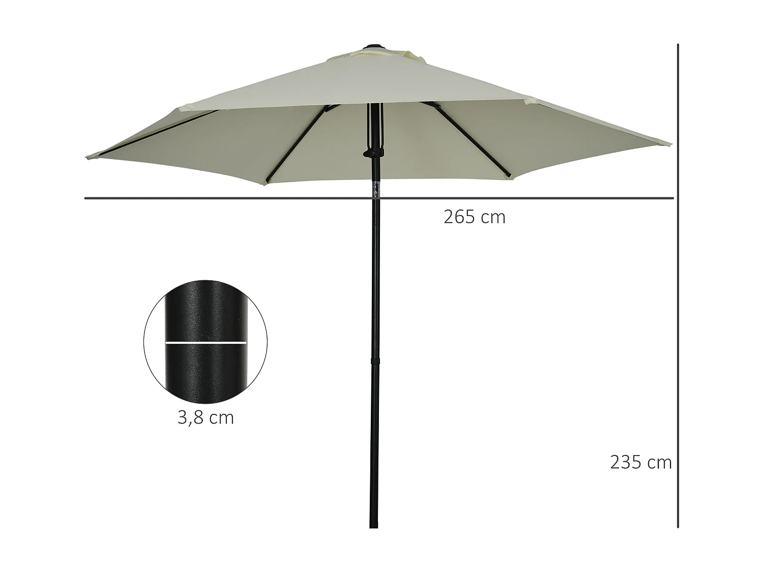 Parasol inclinable octogonal  Ø 2,65 x 2,35H m métal époxy noir polyester haute densité 180 g/m² gris clair