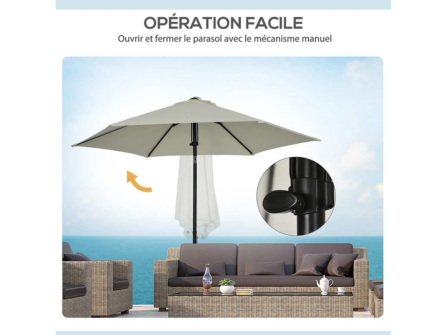 Parasol inclinable octogonal  Ø 2,65 x 2,35H m métal époxy noir polyester haute densité 180 g/m² gris clair