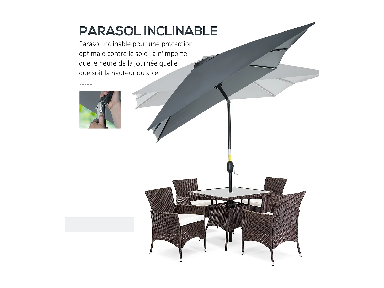 Parasol inclinable rectangulaire métal polyester haute densité 2,95L x 1,95l x 2,4H m gris