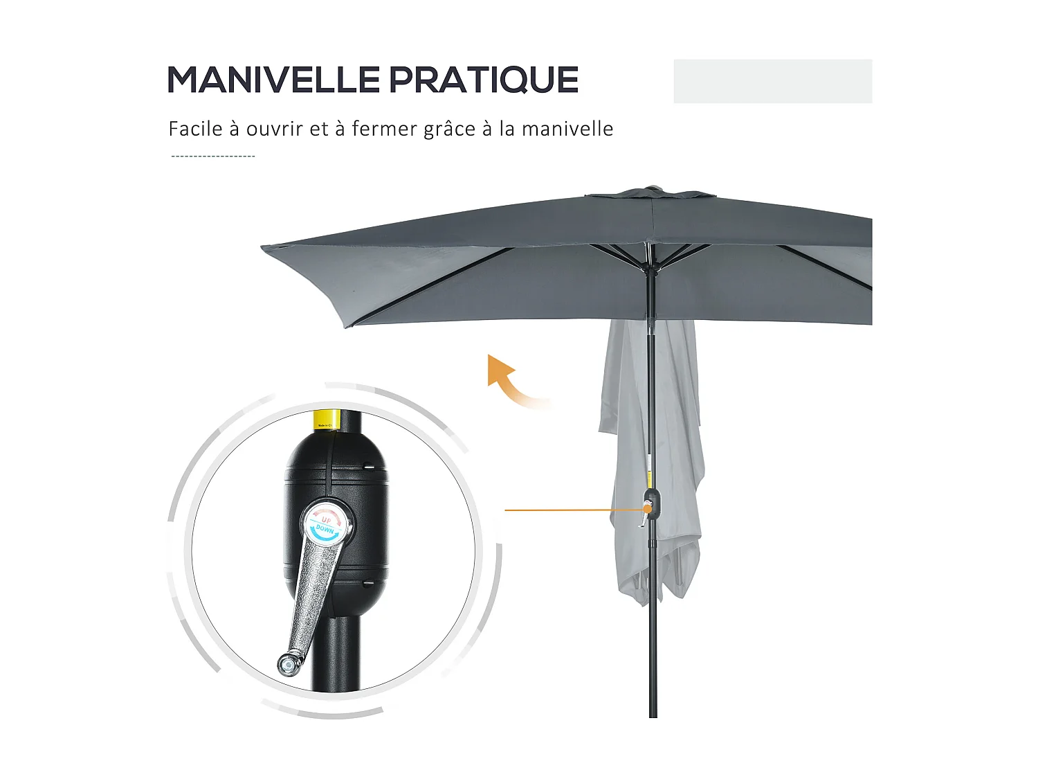 Parasol inclinable rectangulaire métal polyester haute densité 2,95L x 1,95l x 2,4H m gris