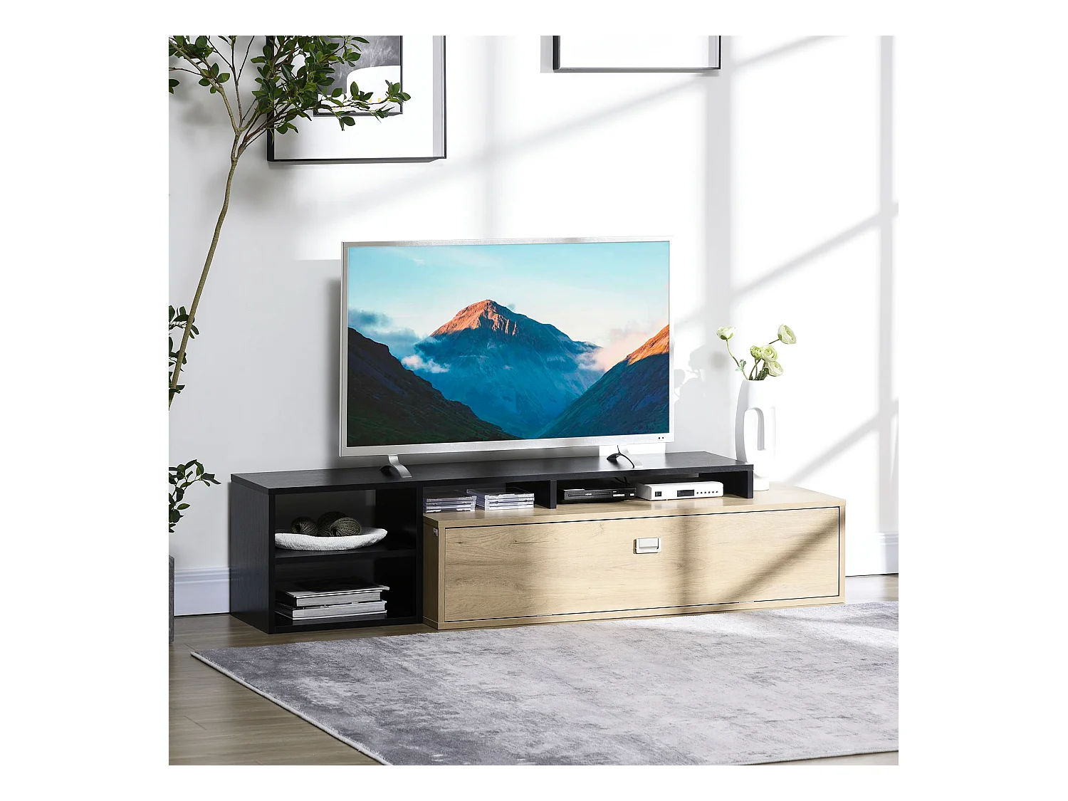 Meuble TV réversible design contemporain porte abattante 2 compartiments 4 niches MDF aspect chêne clair noir