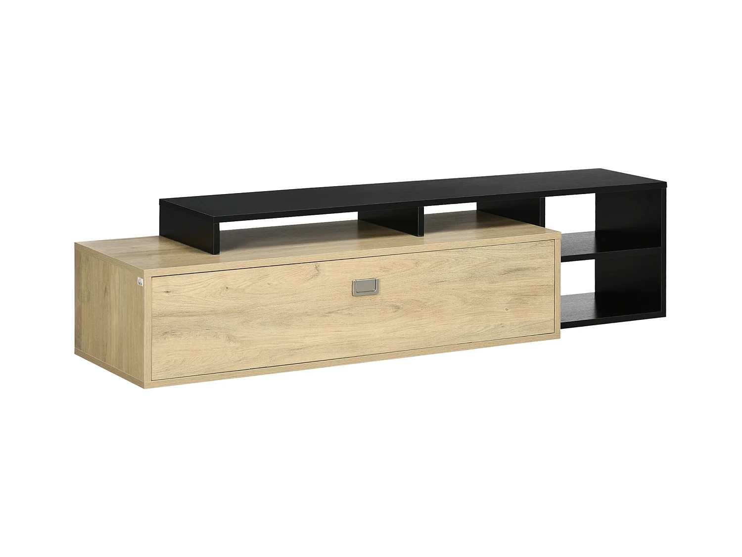Meuble TV réversible design contemporain porte abattante 2 compartiments 4 niches MDF aspect chêne clair noir