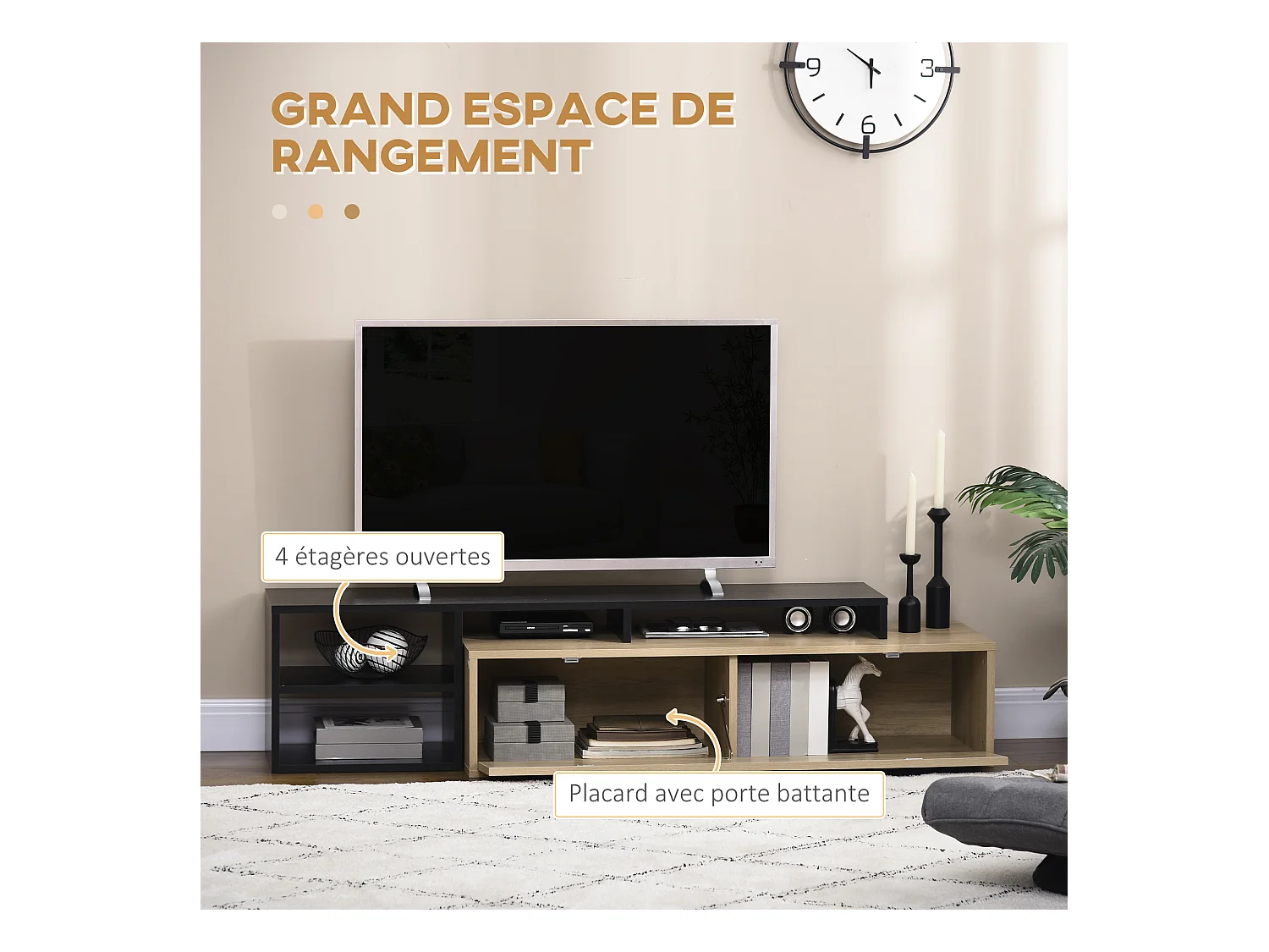 Meuble TV réversible design contemporain porte abattante 2 compartiments 4 niches MDF aspect chêne clair noir
