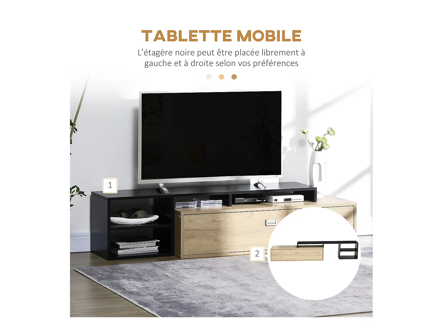 Meuble TV réversible design contemporain porte abattante 2 compartiments 4 niches MDF aspect chêne clair noir