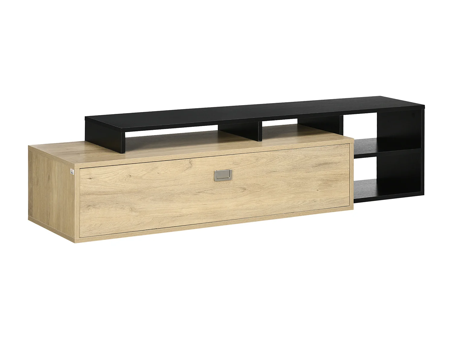 Meuble TV réversible design contemporain porte abattante 2 compartiments 4 niches MDF aspect chêne clair noir