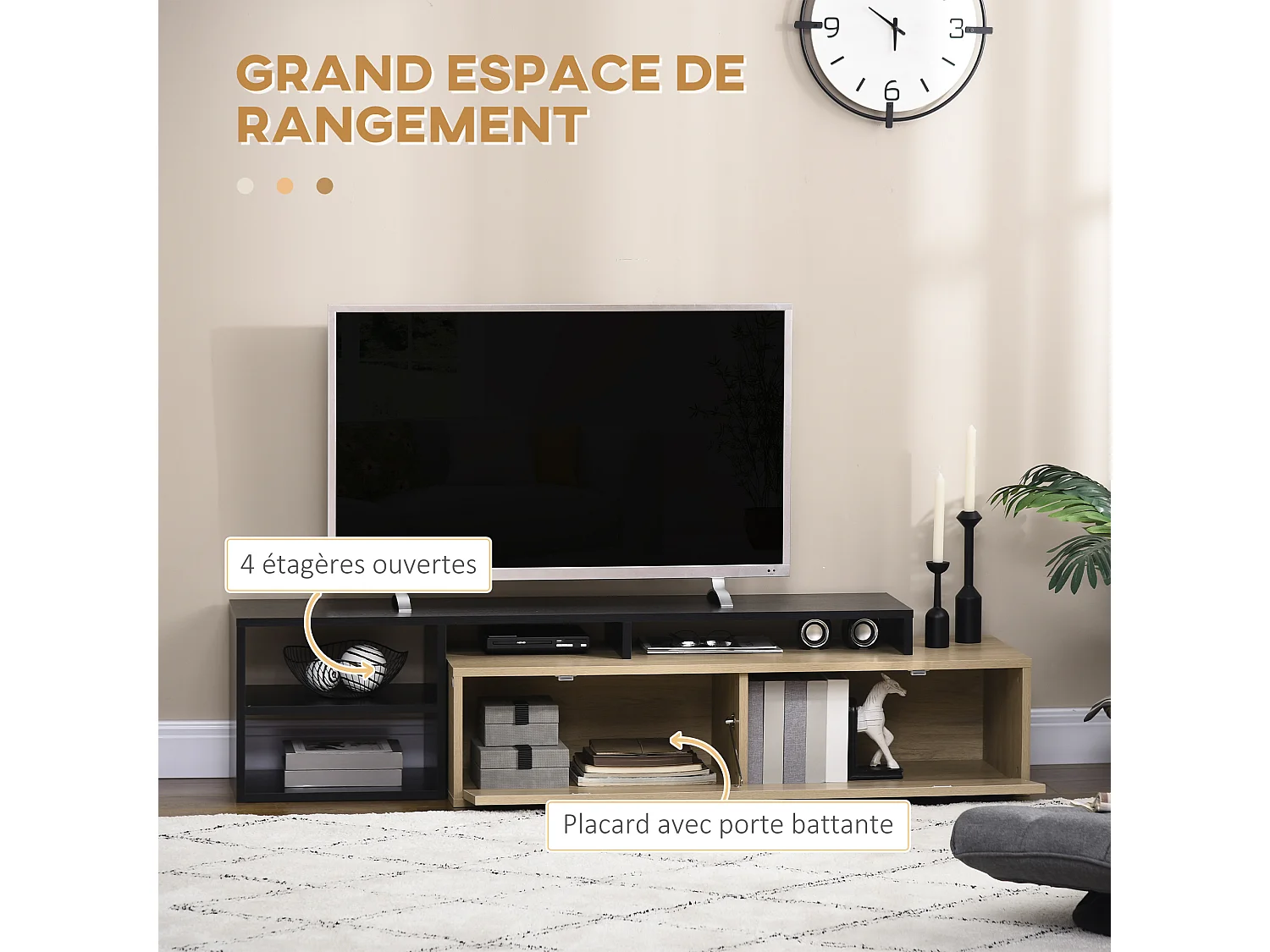 Meuble TV réversible design contemporain porte abattante 2 compartiments 4 niches MDF aspect chêne clair noir