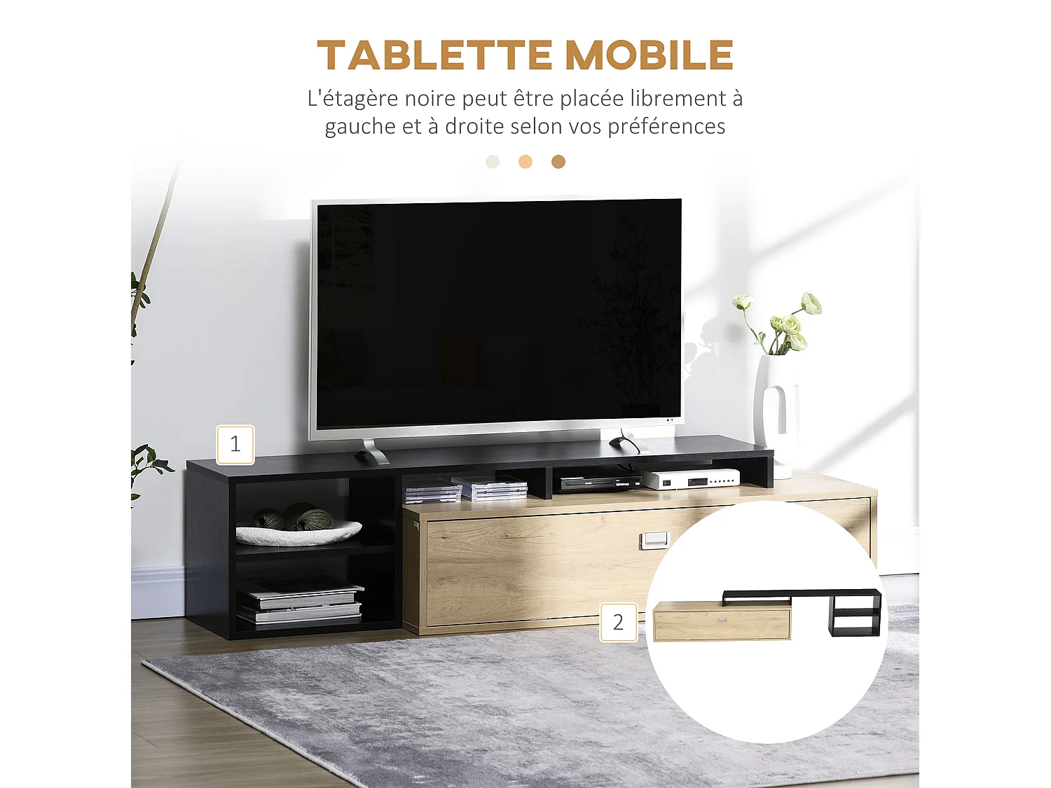 Meuble TV réversible design contemporain porte abattante 2 compartiments 4 niches MDF aspect chêne clair noir