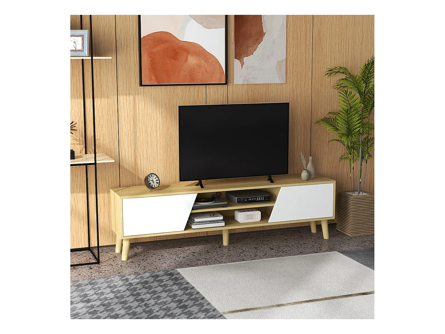 Meuble TV bas sur pied style scandinave 2 portes 2 niches piètement effilé incliné bois panneaux blanc aspect chêne clair