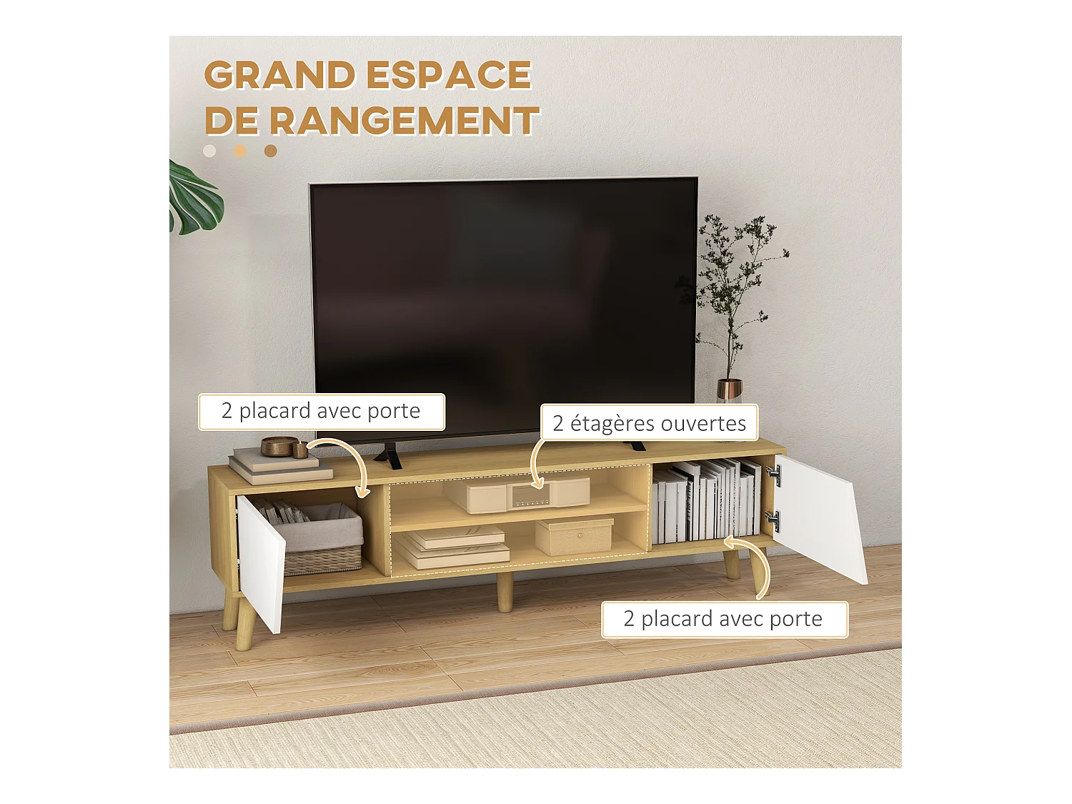 Meuble TV bas sur pied style scandinave 2 portes 2 niches piètement effilé incliné bois panneaux blanc aspect chêne clair