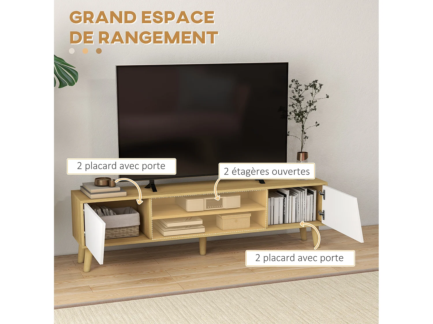 Meuble TV bas sur pied style scandinave 2 portes 2 niches piètement effilé incliné bois panneaux blanc aspect chêne clair