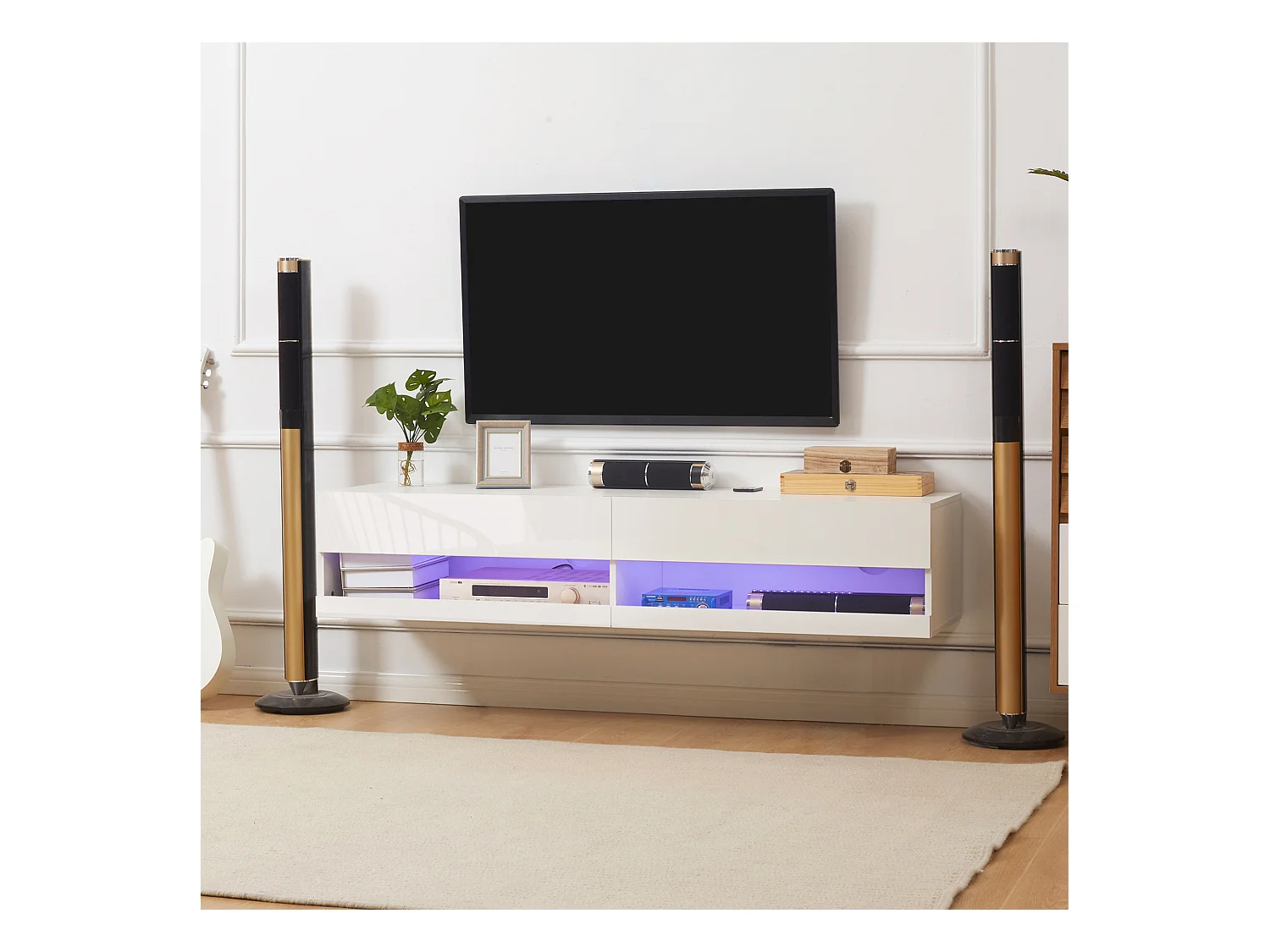 Meuble TV mural LED - banc TV flottant - 2 portes battantes - dim. 150L x 40l x 30H cm - blanc laqué