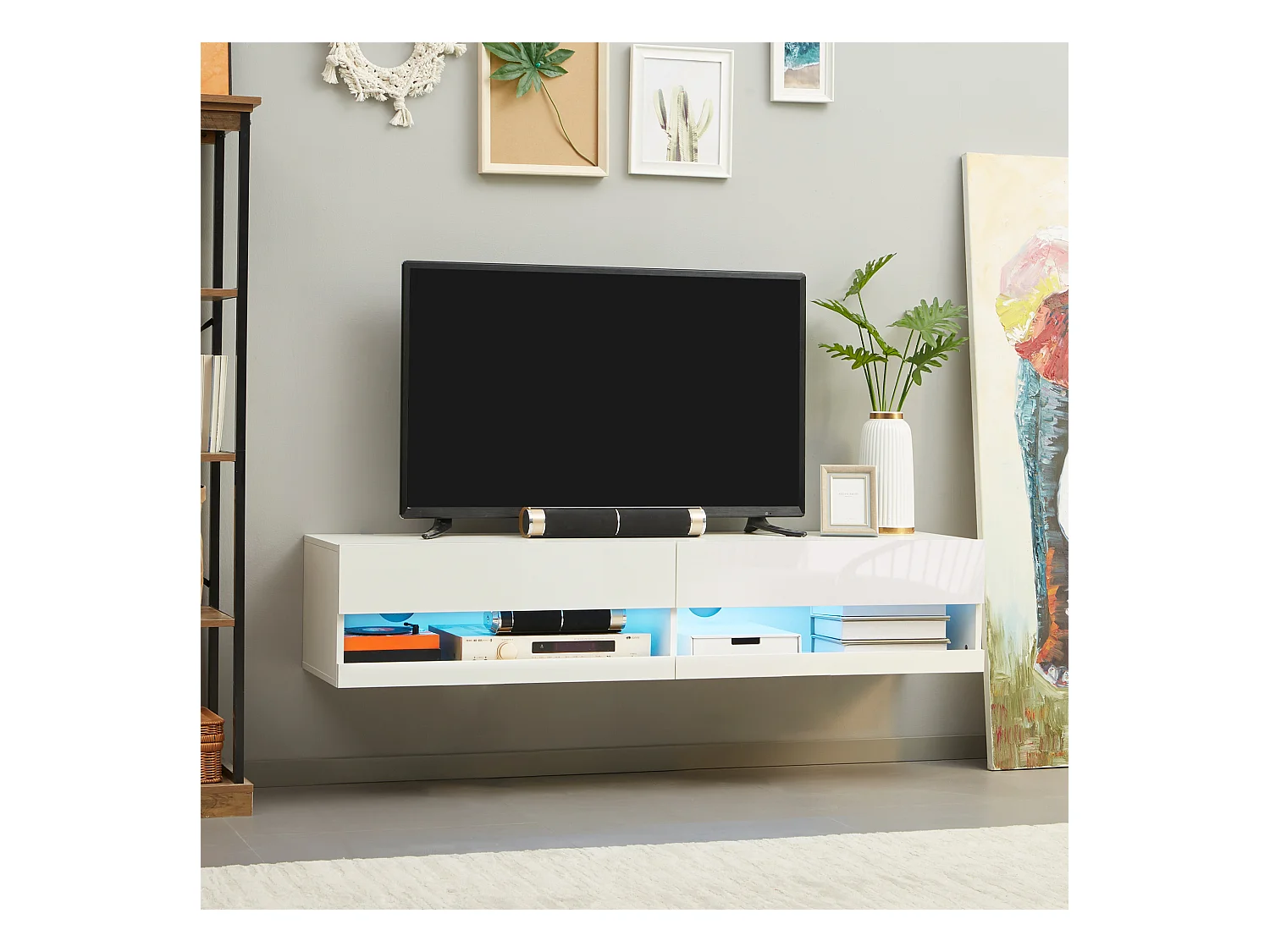 Meuble TV mural LED - banc TV flottant - 2 portes battantes - dim. 150L x 40l x 30H cm - blanc laqué