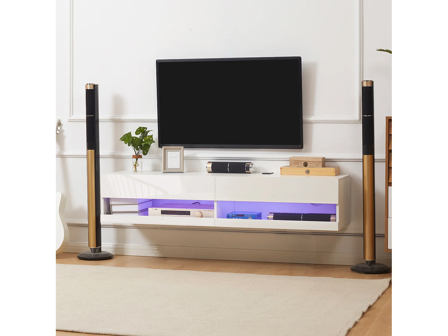 Meuble TV mural LED - banc TV flottant - 2 portes battantes - dim. 150L x 40l x 30H cm - blanc laqué