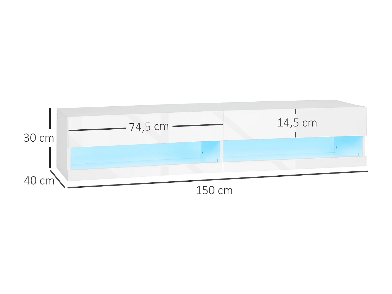 Meuble TV mural LED - banc TV flottant - 2 portes battantes - dim. 150L x 40l x 30H cm - blanc laqué