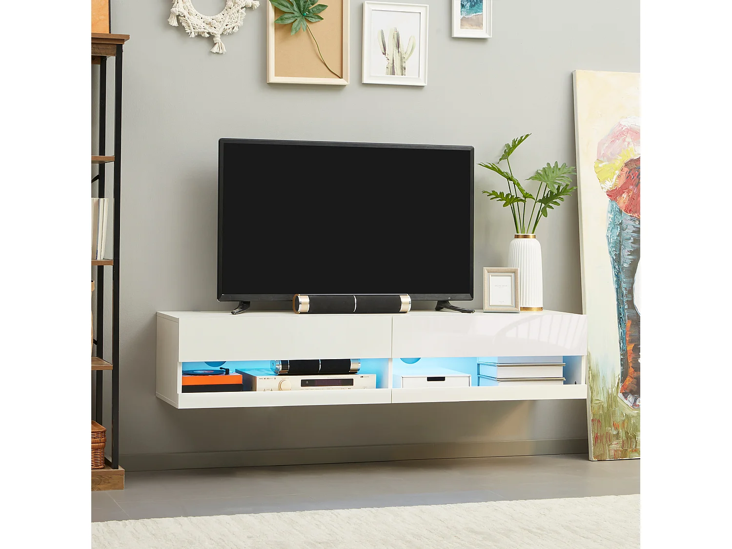 Meuble TV mural LED - banc TV flottant - 2 portes battantes - dim. 150L x 40l x 30H cm - blanc laqué