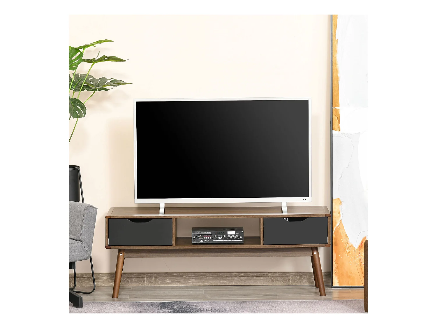 Meuble TV bas sur pieds style scandinave 2 tiroirs aspect noyer