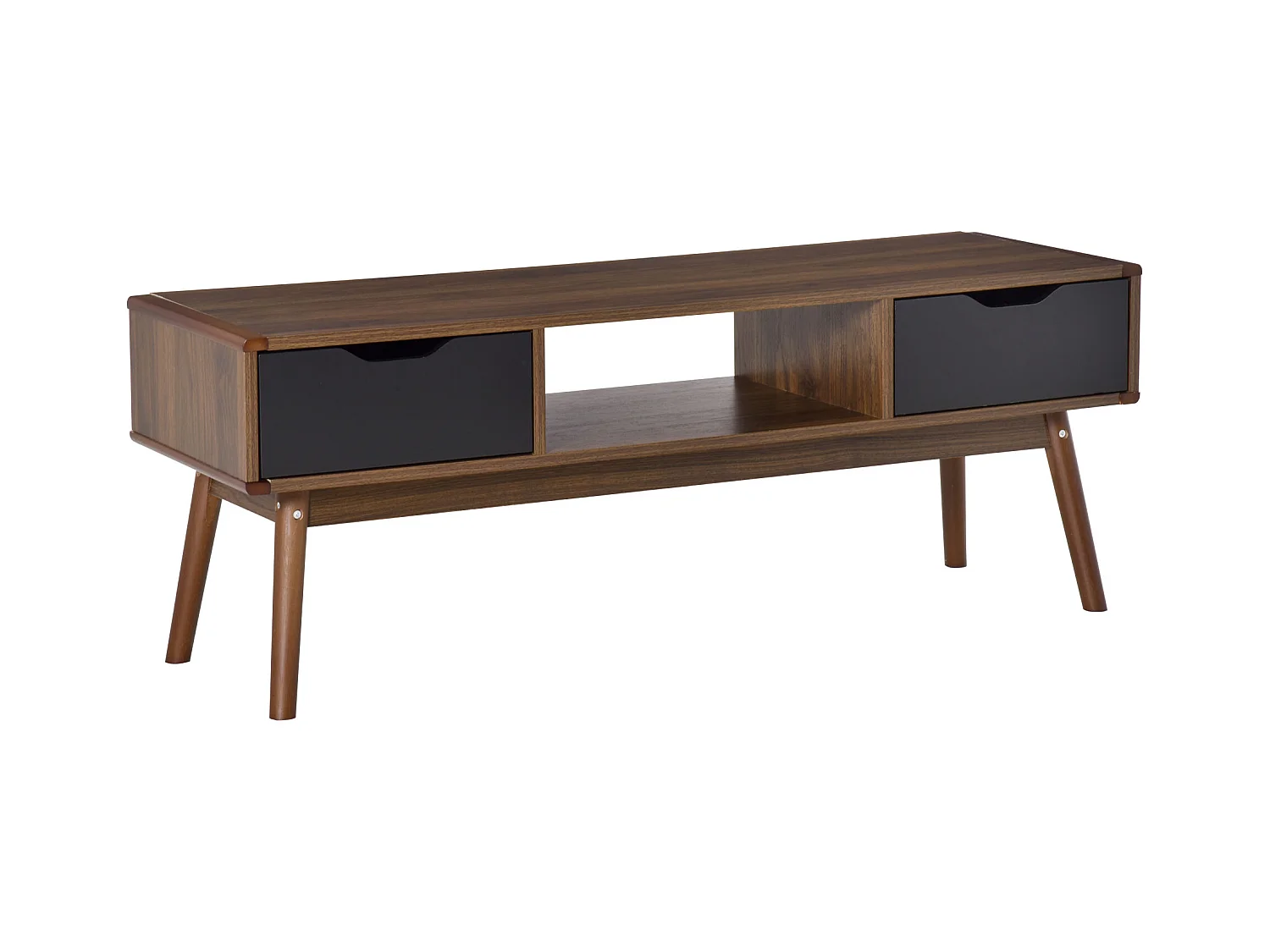 Meuble TV bas sur pieds style scandinave 2 tiroirs aspect noyer