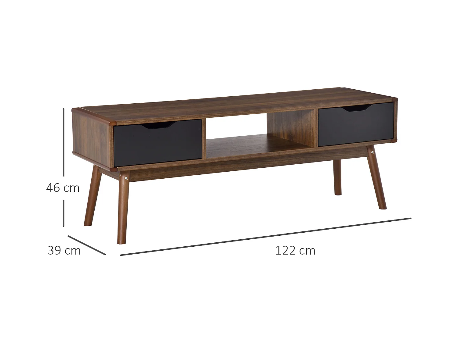 Meuble TV bas sur pieds style scandinave 2 tiroirs aspect noyer