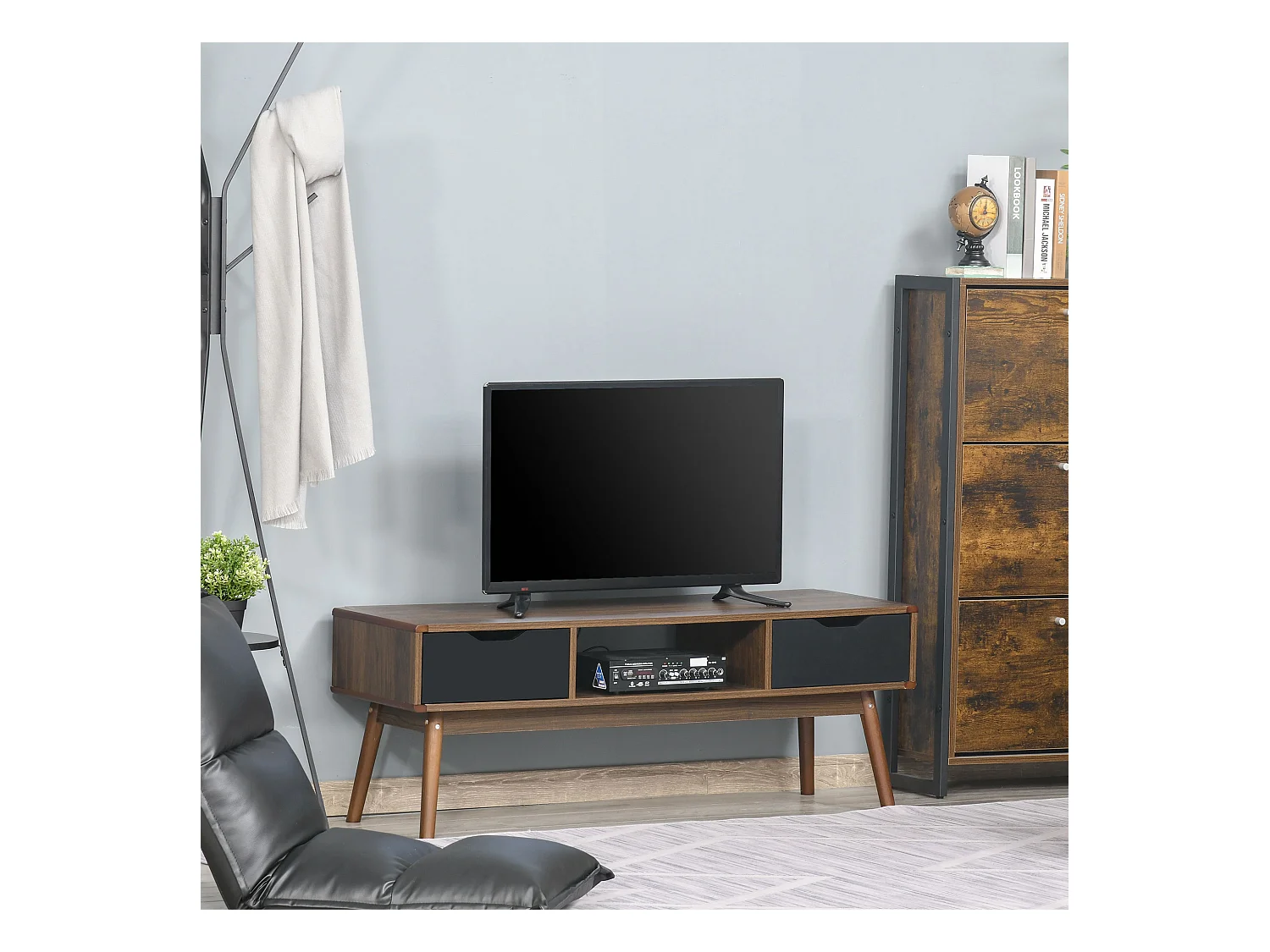 Meuble TV bas sur pieds style scandinave 2 tiroirs aspect noyer