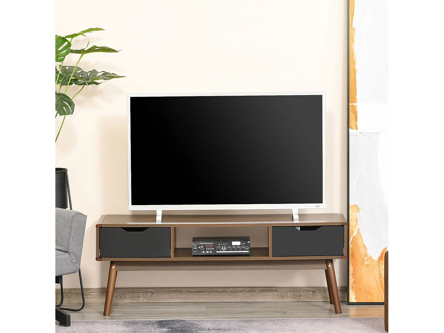 Meuble TV bas sur pieds style scandinave 2 tiroirs aspect noyer