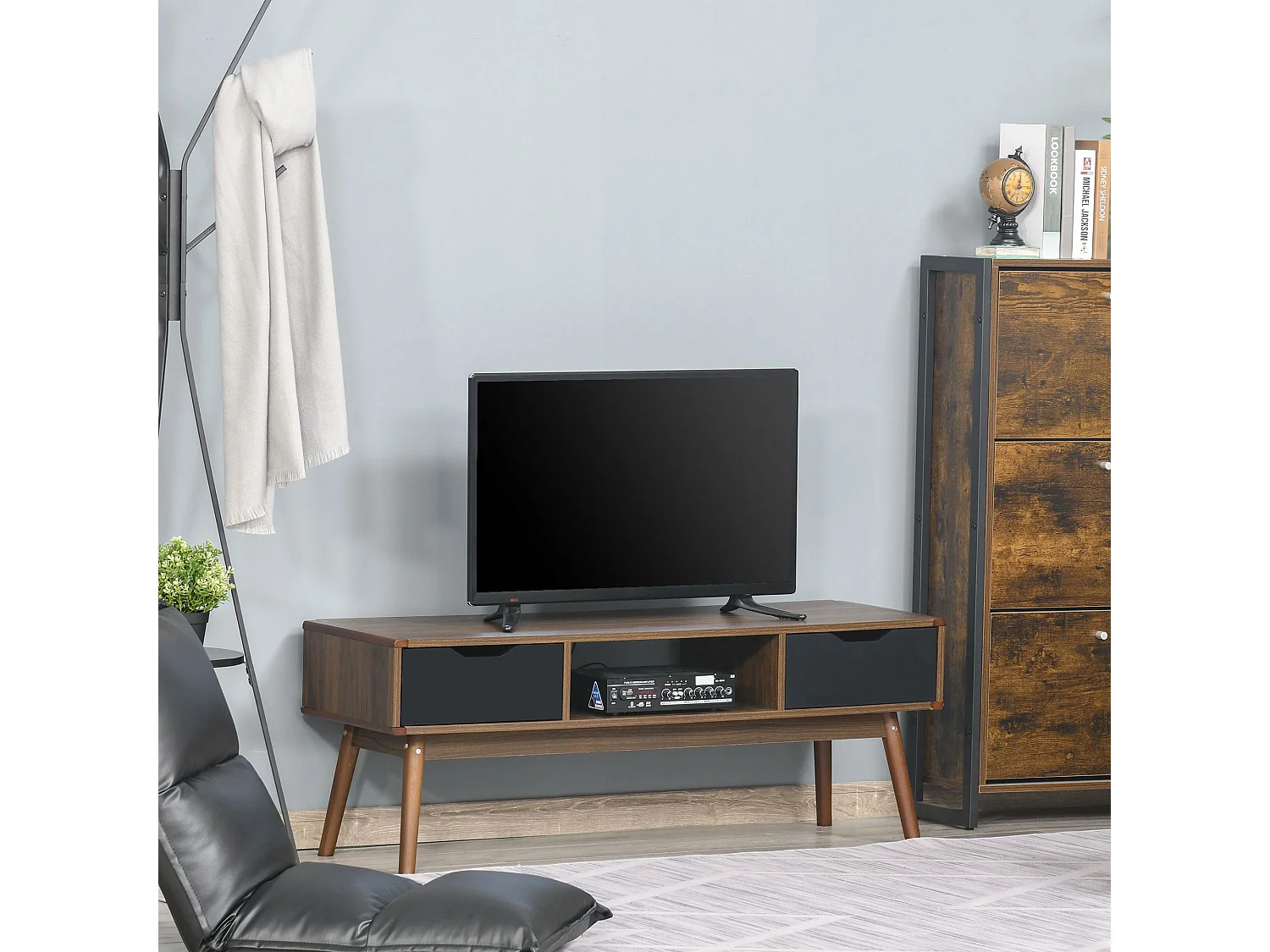 Meuble TV bas sur pieds style scandinave 2 tiroirs aspect noyer