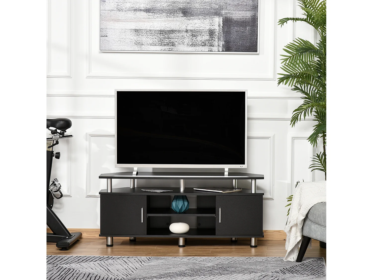 Meuble banc TV design contemporain 2 portes niche centrale étagère grand plateau chromé noir