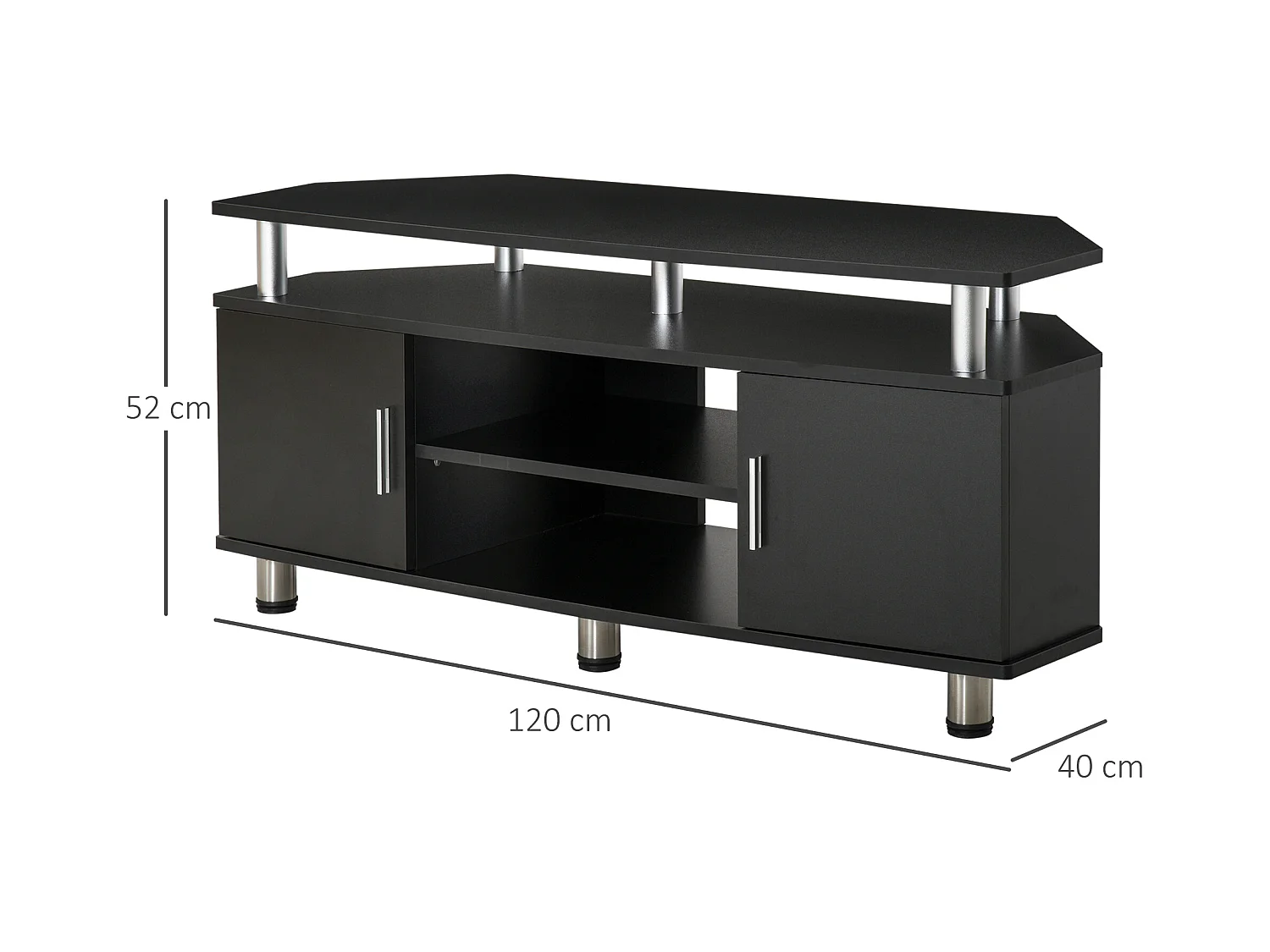 Meuble banc TV design contemporain 2 portes niche centrale étagère grand plateau chromé noir