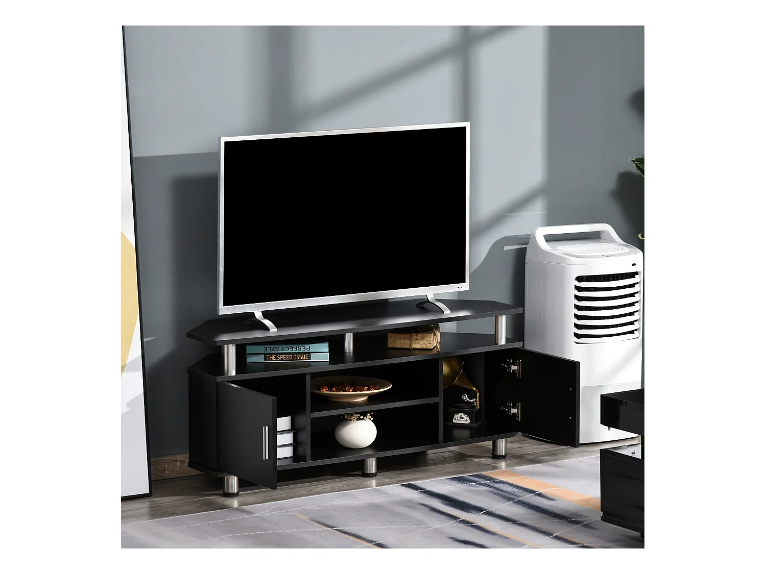 Meuble banc TV design contemporain 2 portes niche centrale étagère grand plateau chromé noir