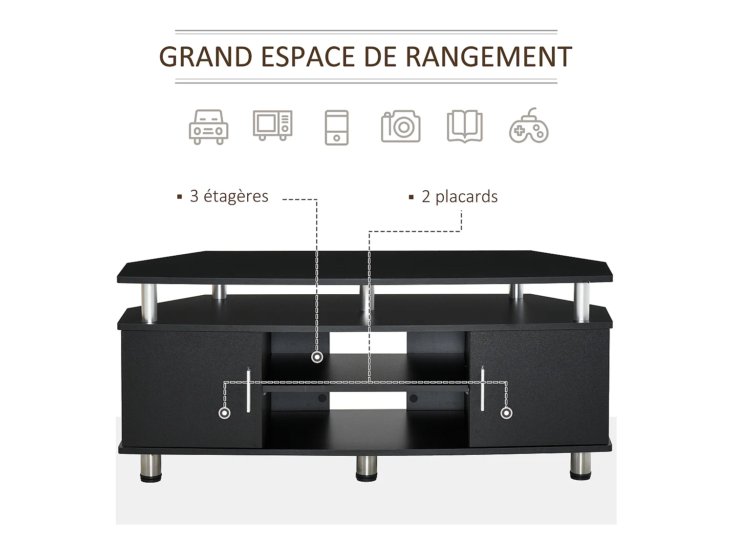 Meuble banc TV design contemporain 2 portes niche centrale étagère grand plateau chromé noir
