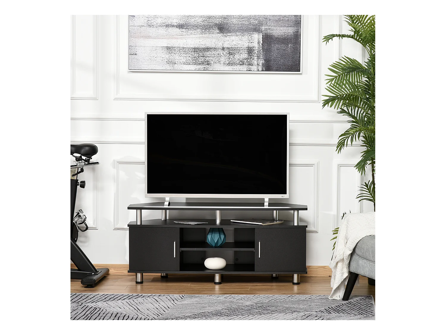 Meuble banc TV design contemporain 2 portes niche centrale étagère grand plateau chromé noir