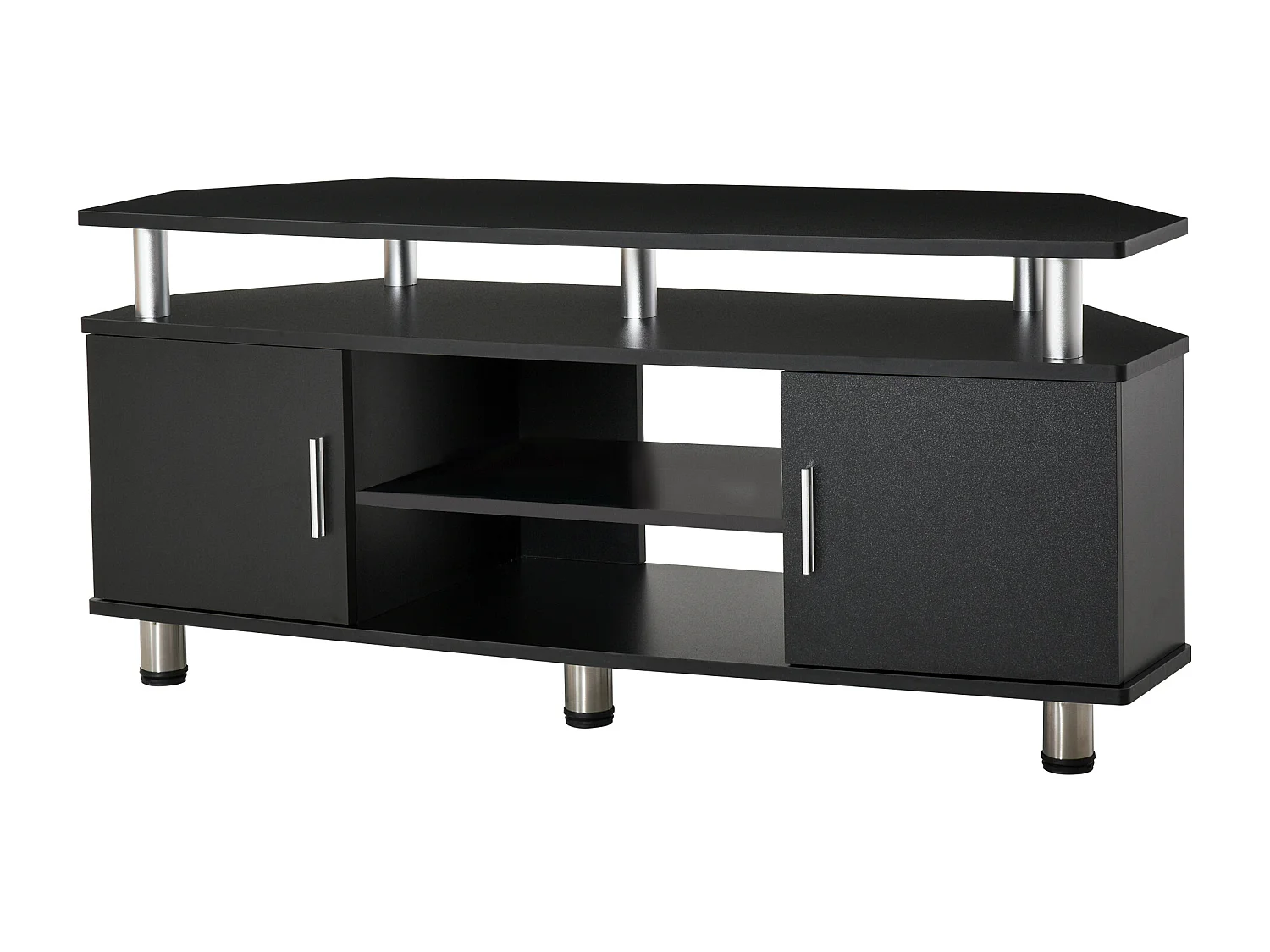 Meuble banc TV design contemporain 2 portes niche centrale étagère grand plateau chromé noir