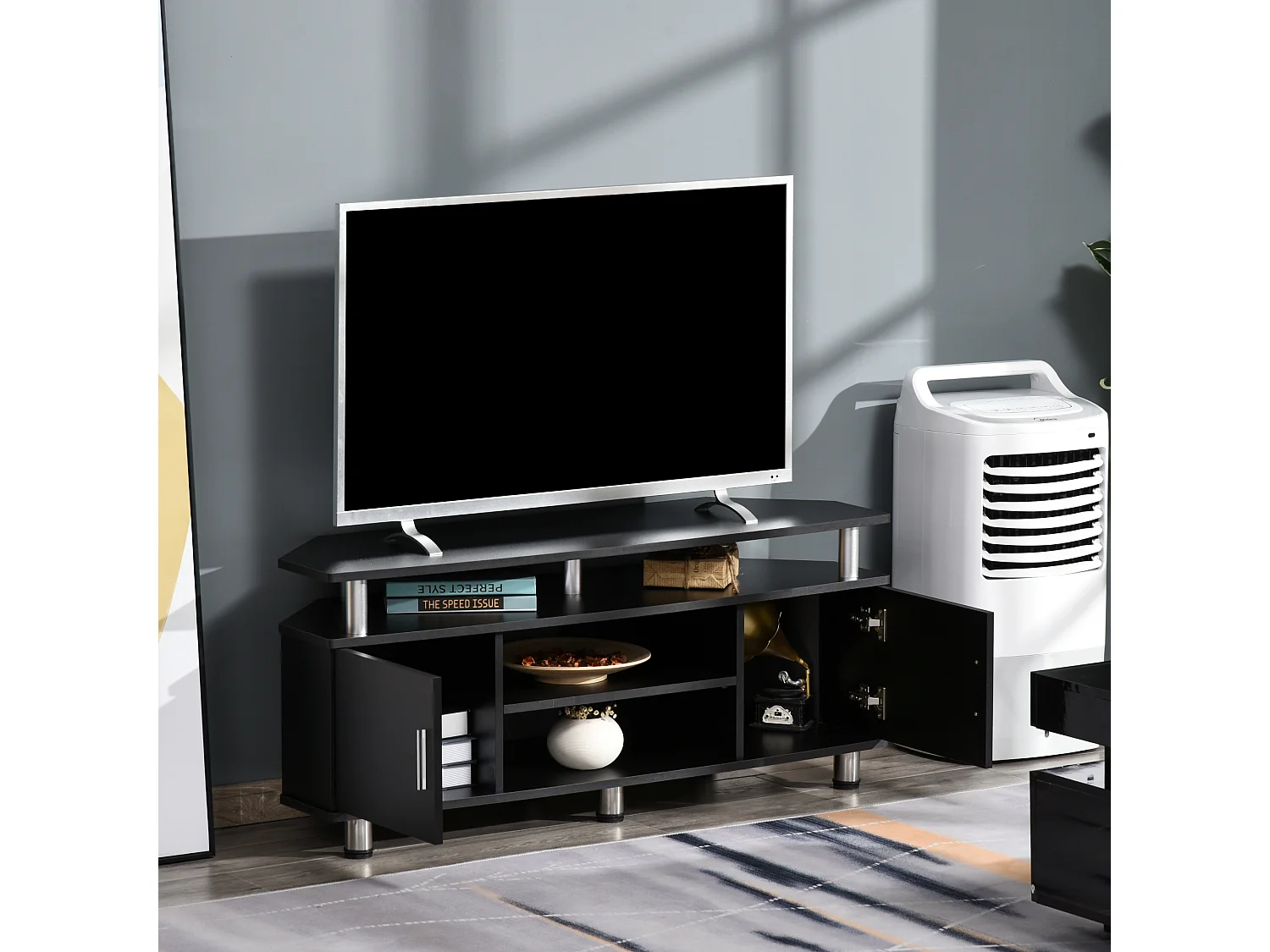 Meuble banc TV design contemporain 2 portes niche centrale étagère grand plateau chromé noir