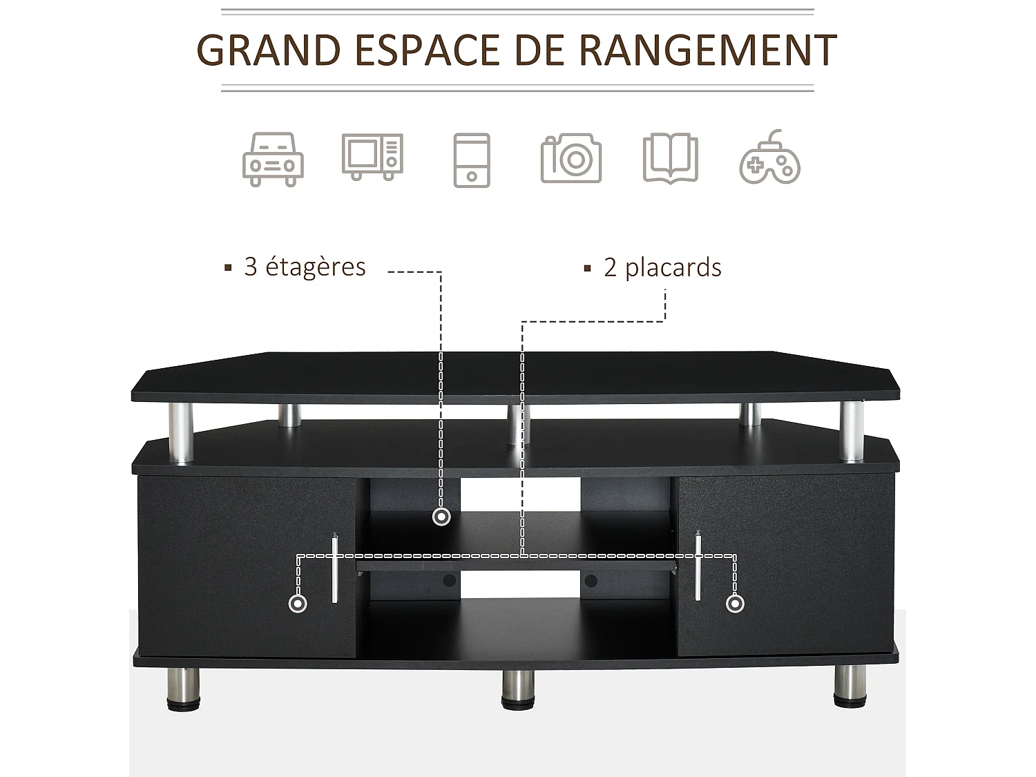 Meuble banc TV design contemporain 2 portes niche centrale étagère grand plateau chromé noir