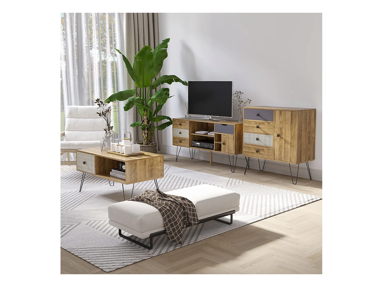 Meuble TV banc TV design industriel graphique - 4 tiroirs, 4 niches, porte - piètement épingle métal noir aspect bois