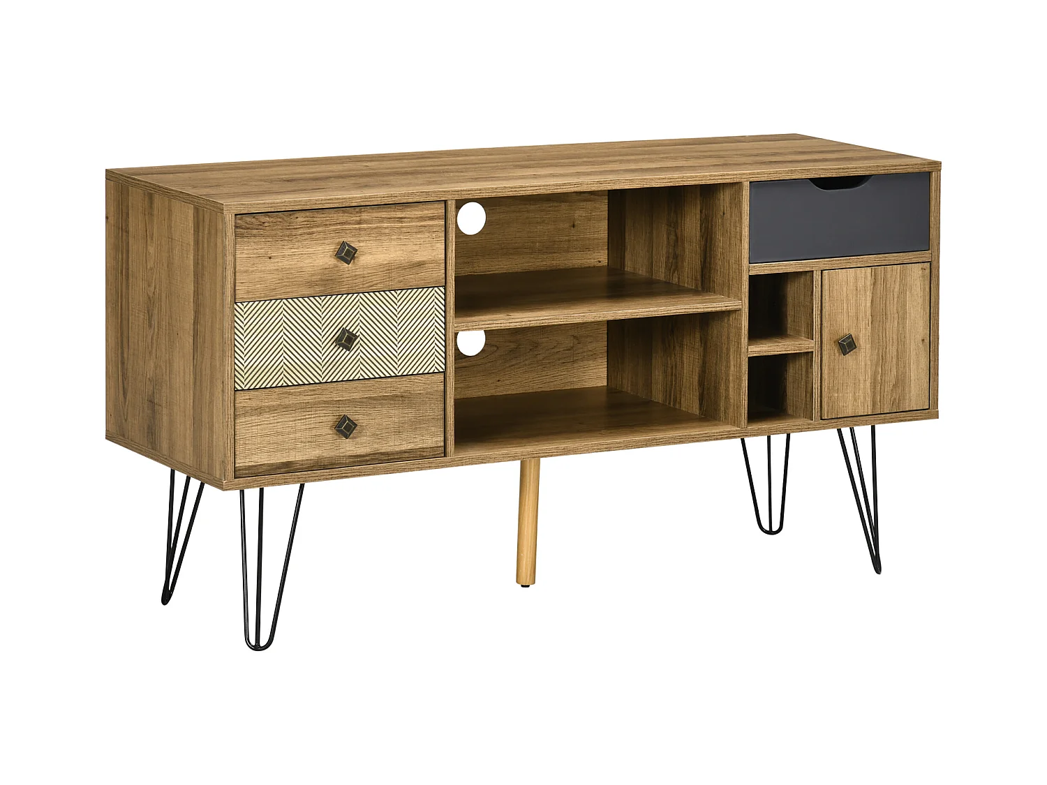 Meuble TV banc TV design industriel graphique - 4 tiroirs, 4 niches, porte - piètement épingle métal noir aspect bois