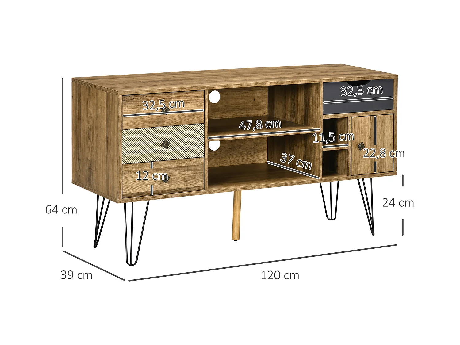 Meuble TV banc TV design industriel graphique - 4 tiroirs, 4 niches, porte - piètement épingle métal noir aspect bois