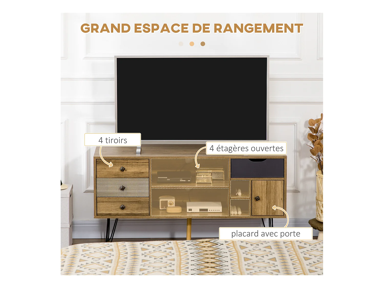 Meuble TV banc TV design industriel graphique - 4 tiroirs, 4 niches, porte - piètement épingle métal noir aspect bois