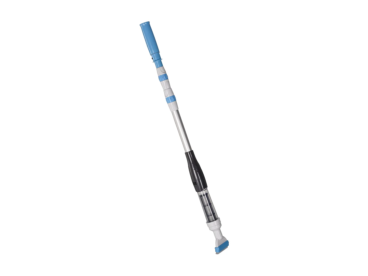 Aspirateur balai électrique sans fil piscine spa - manche télescopique 106-162 cm - brosse, sac filtrant - ABS alu. - blanc bleu