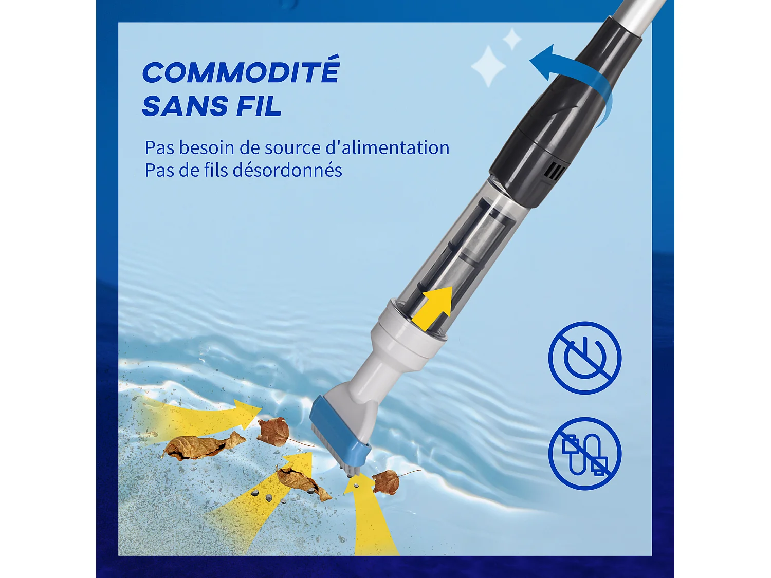 Aspirateur balai électrique sans fil piscine spa - manche télescopique 106-162 cm - brosse, sac filtrant - ABS alu. - blanc bleu