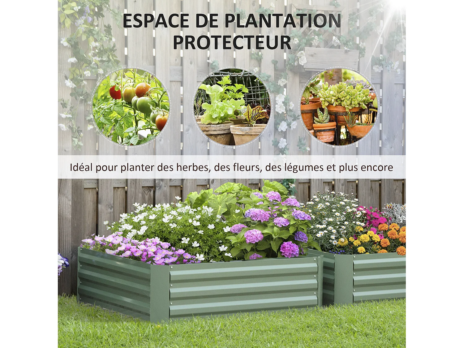 Lot de 2 carrés potager de jardin dim. 100L x 100l x 30H cm tôle d'acier ondulée vert