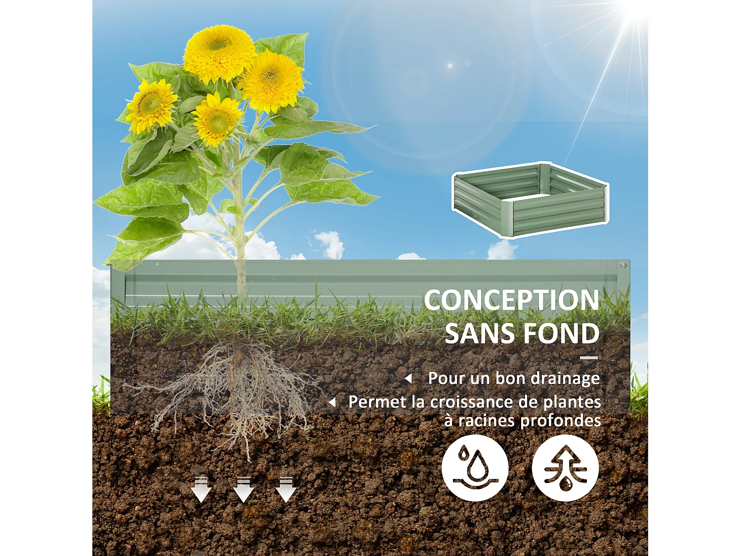 Lot de 2 carrés potager de jardin dim. 100L x 100l x 30H cm tôle d'acier ondulée vert