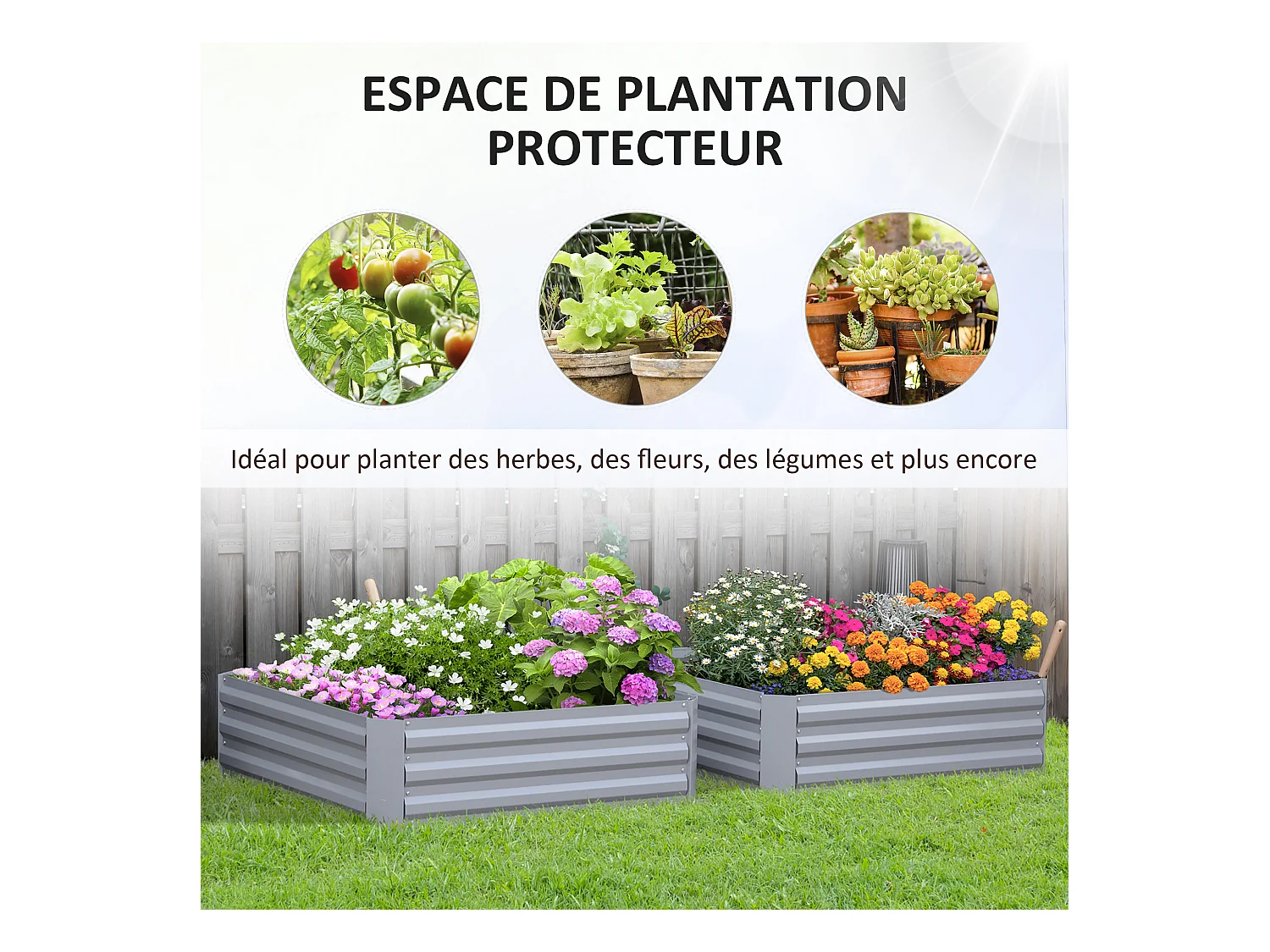 Lot de 2 carrés potager de jardin dim. 100L x 100l x 30H cm tôle d'acier ondulée gris
