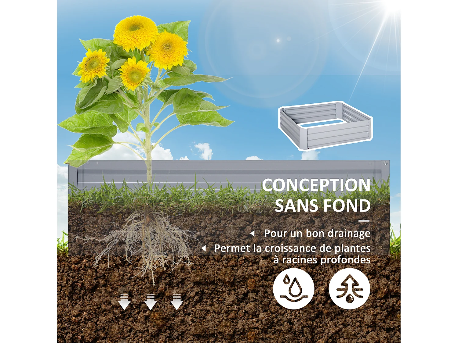 Lot de 2 carrés potager de jardin dim. 100L x 100l x 30H cm tôle d'acier ondulée gris