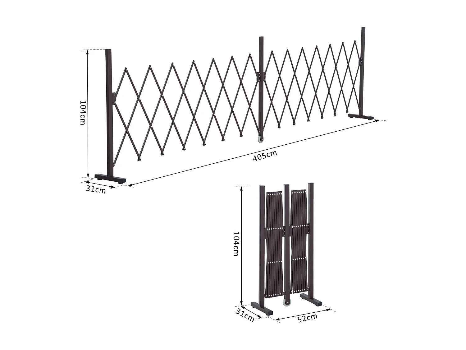 Barrière extensible rétractable barrière de sécurité avec roulette 405L x 31l x 104H cm alu métal chocolat